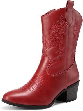 Women's Red Faux Leather Cowgirl Boots With Round Toe Chunky Low Heel Shoes
